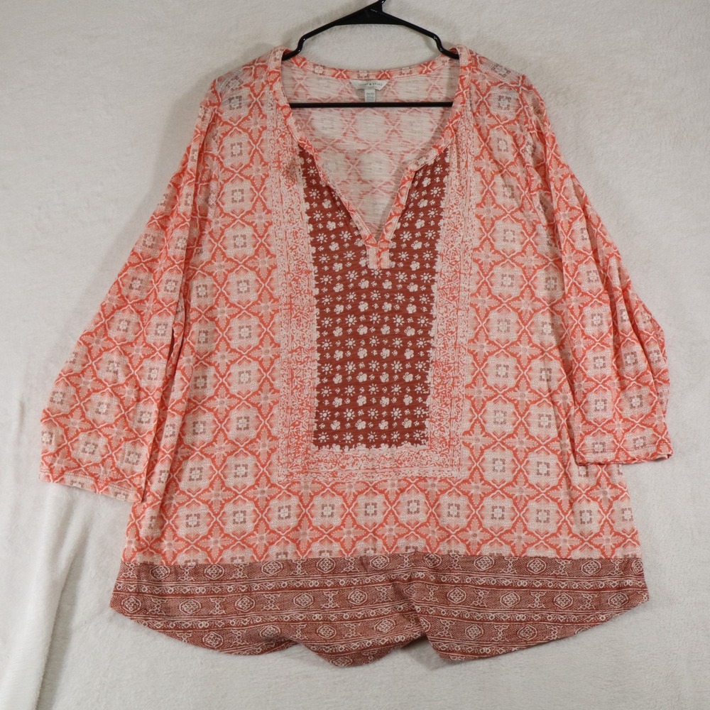 Lucky Brand Women's Plus Size 2X Boho Peasant Top Orange Rust Print V-Neck